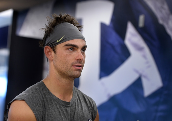 (Scott Sommerdorf   |  The Salt Lake Tribune)   Former Wisconsin QB Austin Kafentzis, takes questions after BYU football practice, Wednesday, September 13, 2017.