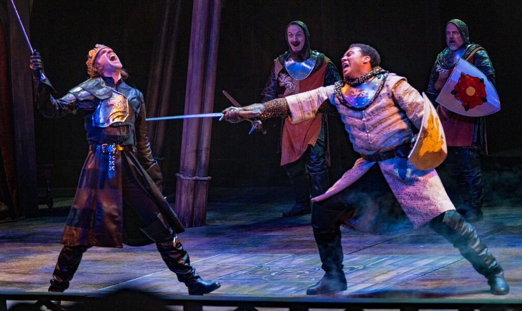 (Rick Egan | The Salt Lake Tribune) Aiden O'Reilly (King Richard III) is slain by Cordell Cole, (earl of Richmond) in "Richard III" at the Utah Shakespeare Festival in Cedar City, on Saturday, July 3, 2021.