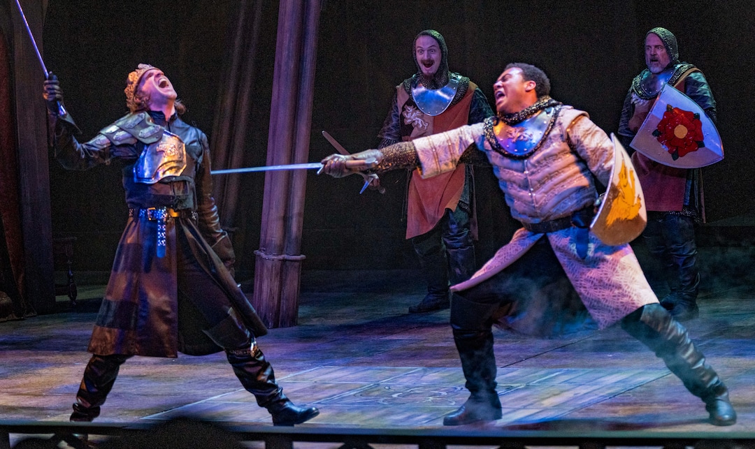(Rick Egan | The Salt Lake Tribune) Aiden O'Reilly (King Richard III) is slain by Cordell Cole, (earl of Richmond) in "Richard III" at the Utah Shakespeare Festival in Cedar City, on Saturday, July 3, 2021.