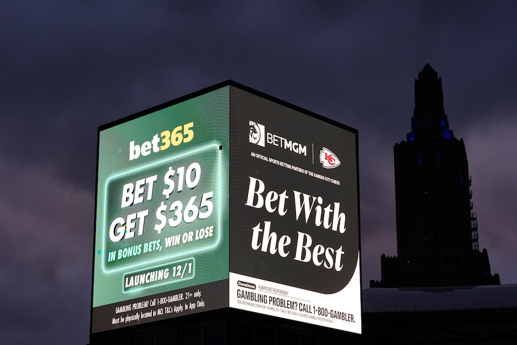 (Charlie Riedel | AP) Advertisements for sports betting apps are seen in downtown Kansas City, Mo., Nov. 29, 2025.