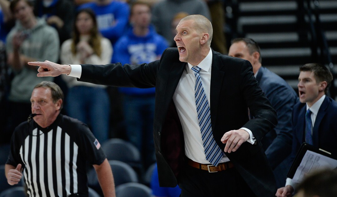 (Francisco Kjolseth  |  The Salt Lake Tribune)  Head coach for BYU Mark Pope yells to his team as BYU takes on UNLV in men's NCAA basketball at Vivint Smart Home Arena in Salt Lake City on Sat. Dec. 7, 2019.