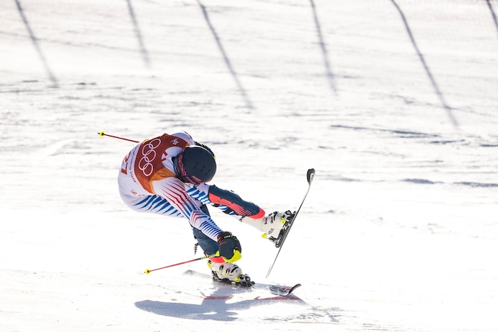 (Chris Detrick  |  The Salt Lake Tribune)  USA's Ted Ligety crosses the finish line during the Men's Alpine Combined at Jeongseon Alpine Centre during the Pyeongchang 2018 Winter Olympics Tuesday, February 13, 2018.  Ligety finished in 5th place with a time of 2:07.97.