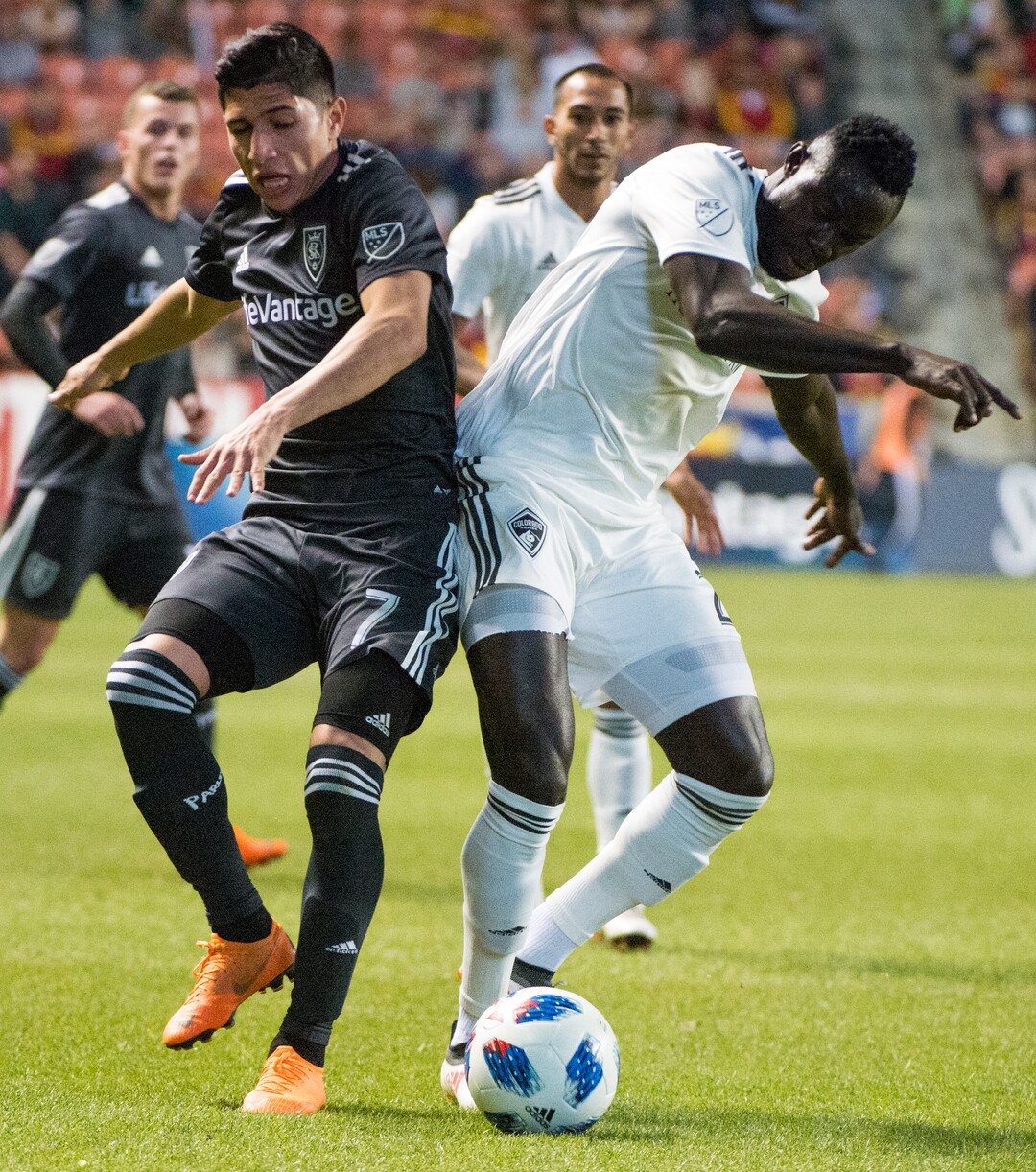(Rick Egan  |  The Salt Lake Tribune) Real Salt Lake forward Jefferson Savarino (7) goes for the ball along with Colorado Rapids defender Edgar Castillo (2), in MLS soccer action, between Real Salt Lake and Colorado Rapids,  at Rio Tinto Stadium, Saturday, April 21, 2018.