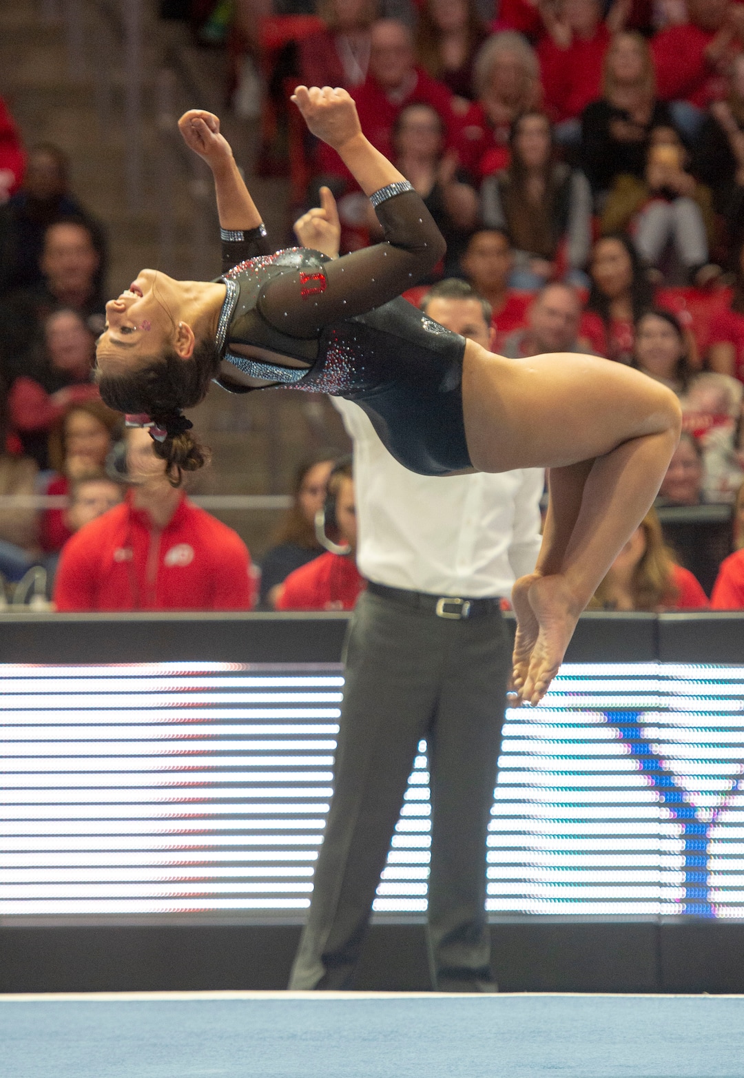 (Rick Egan  |  The Salt Lake Tribune)  Macey Roberts competes on the floor for the Utes, in PAC-12 gymnastics action between the UCLA Bruins and the University of Utah, at the Jon M. Huntsman Center, Saturday, Feb. 23, 2019.
