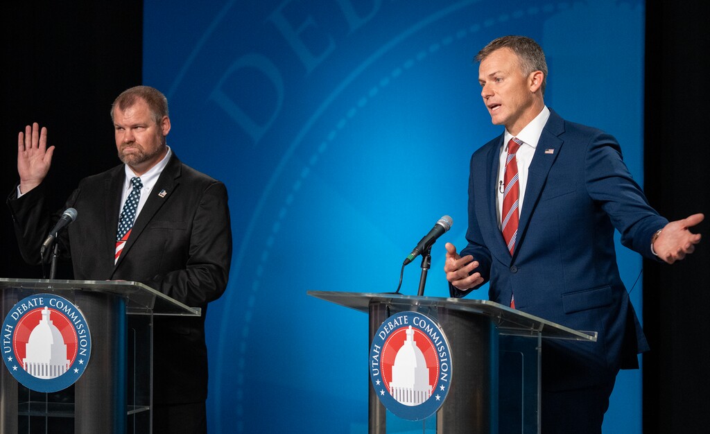(Chris Samuels | The Salt Lake Tribune) Paul Miller, left, and Blake Moore during a 1st Congressional District GOP primary debate at the Eccles Broadcast Center in Salt Lake City, Monday, June 10, 2024.
