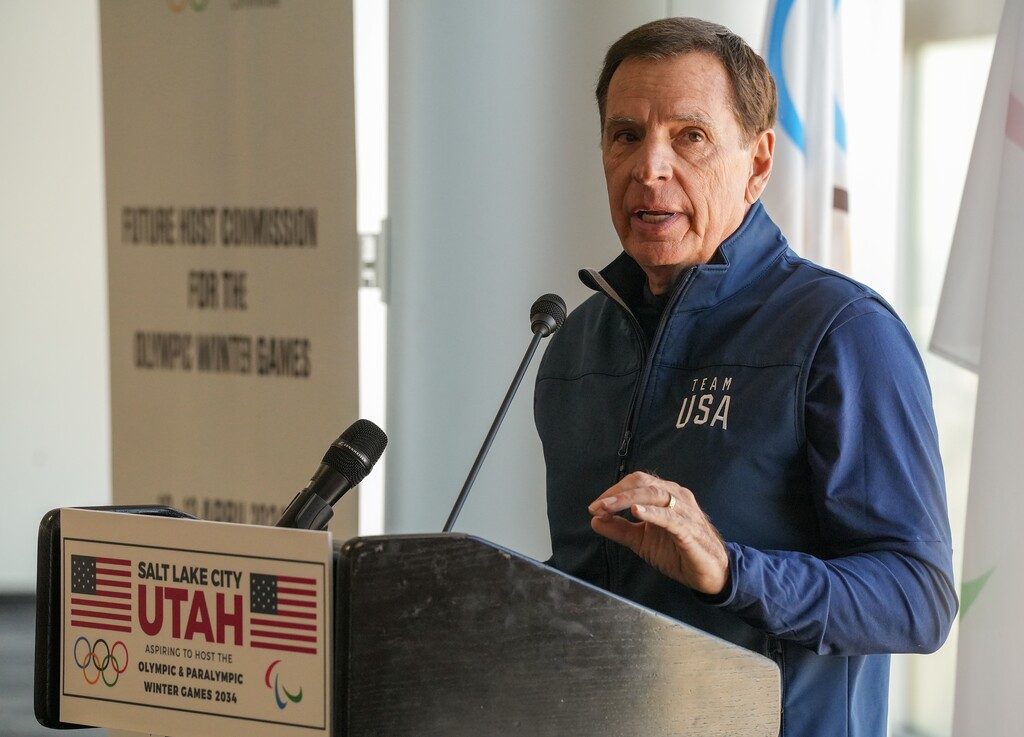 (Chris Samuels | The Salt Lake Tribune) Salt Lake City-Utah CEO Fraser Bullock speaks during a presentation on Salt Lake City’s bid to host the 2034 Winter Olympics during a visit of IOC officials at Rice-Eccles Stadium in Salt Lake City, Wednesday, April 10, 2024.