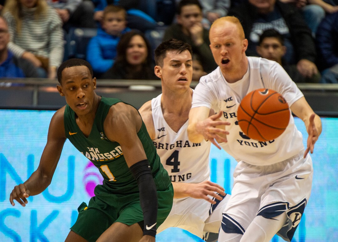 (Rick Egan  |  The Salt Lake Tribune)     San Francisco Dons guard Jamaree Bouyea (1) has the ball picked off by Brigham Young Cougars guard TJ Haws (30), in West Coast Conference basketball acton between the Brigham Young Cougars and the San Francisco Dons, at the Marriott Center, Saturday, Feb. 8, 2020.