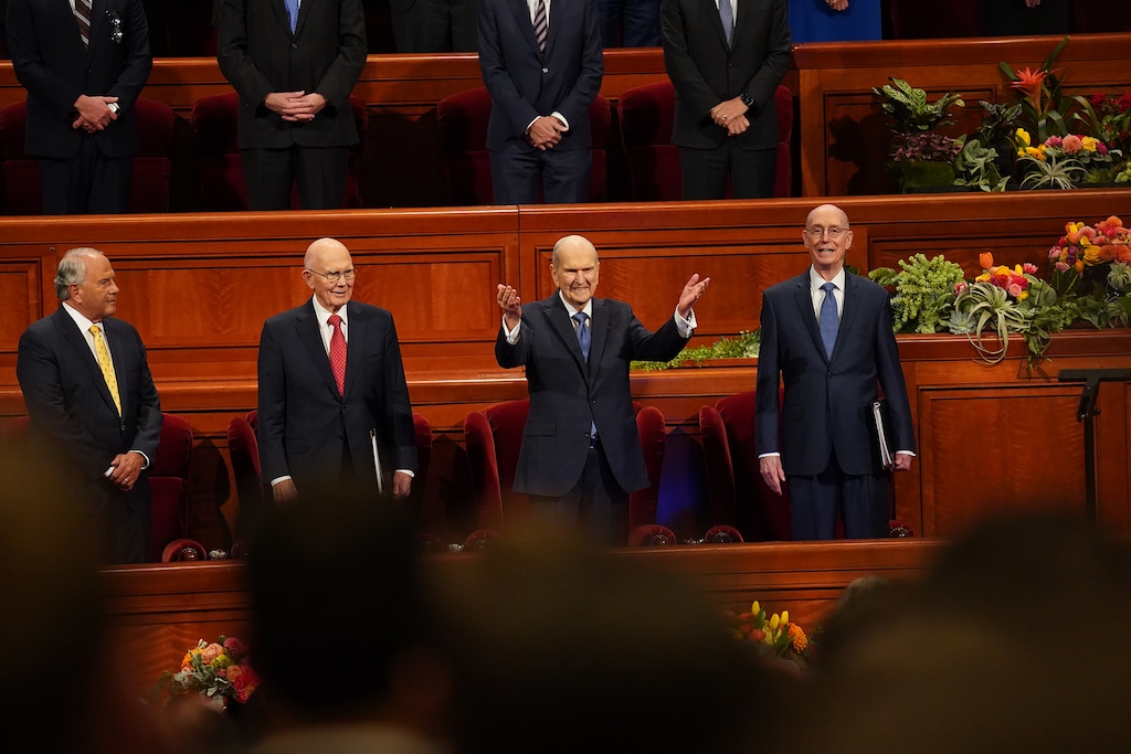 (The Church of Jesus Christ of Latter-day Saints)
President Russell M. Nelson, center, stands with his counselors, President Dallin H. Oaks, left, and President Henry B. Eyring, right, before the Saturday morning session of General Conference at the Conference Center in Salt Lake City on Oct. 1, 2022.