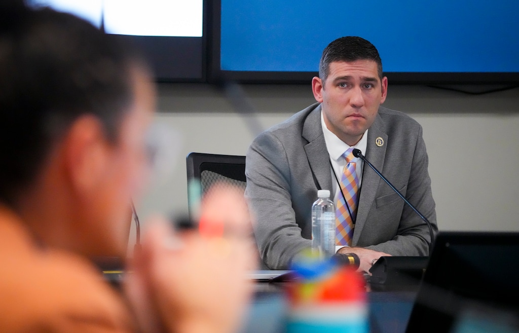 (Bethany Baker  |  The Salt Lake Tribune) Board chair Matt Hymas, District 10, listens during a Utah State Board of Education meeting in Salt Lake City on Thursday, April 3, 2025.