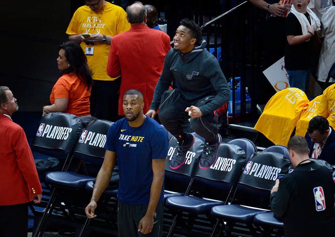 (Scott Sommerdorf | The Salt Lake Tribune)Utah Jazz guard Donovan Mitchell (45) takes his usual pre game leap off the chairs during warm ups. The Houston Rockets led the Utah Jazz 70-40 at the half of game 3, Friday, May 4, 2018.