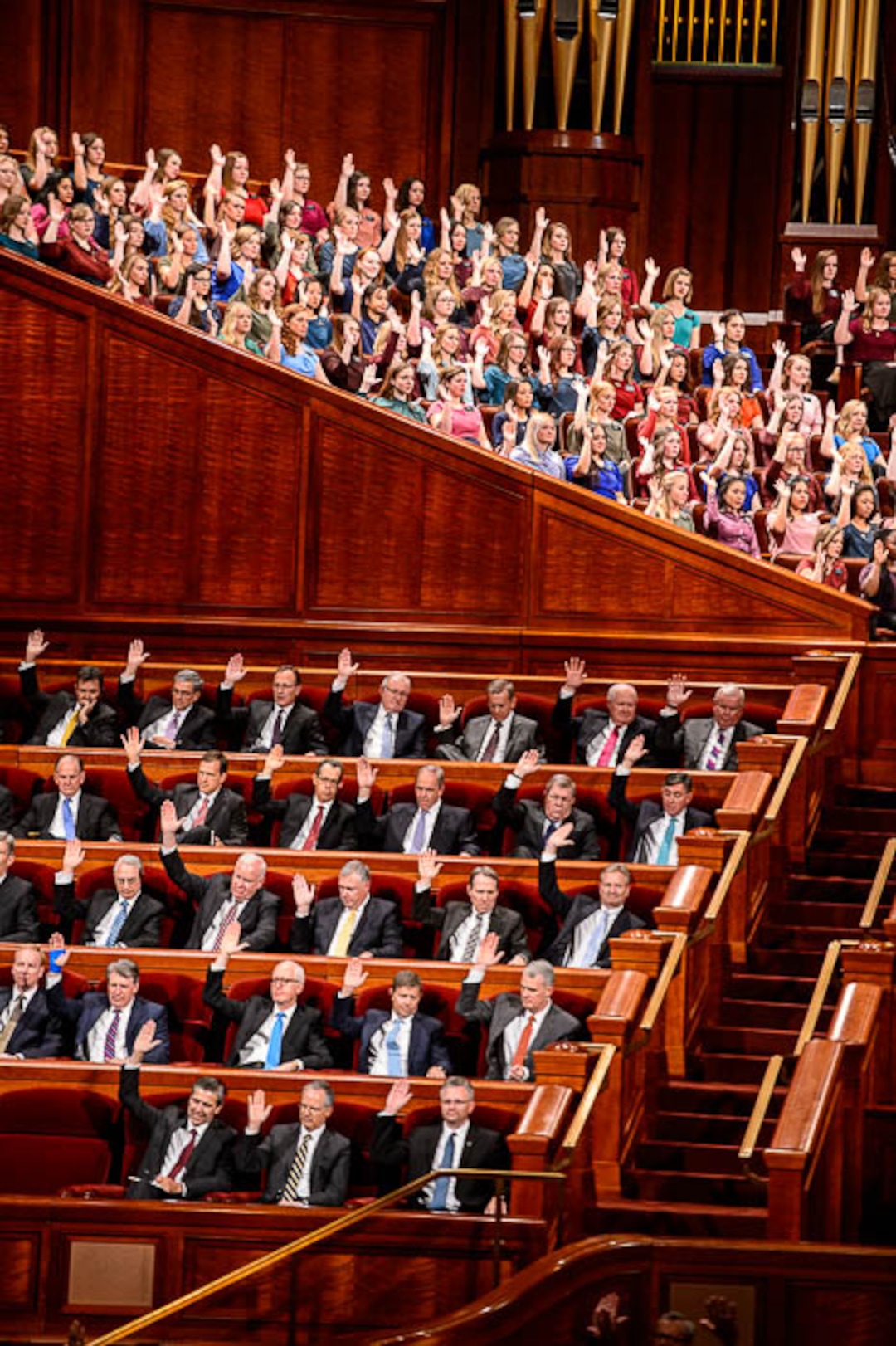 (Trent Nelson | The Salt Lake Tribune)  Church leaders and a choir show their support for the leadership of the church at the General Conference of The Church of Jesus Christ of Latter-day Saints in Salt Lake City, Saturday Oct. 6, 2018.