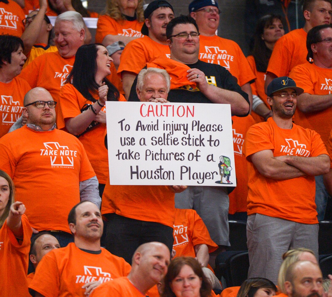 (Leah Hogsten  |  The Salt Lake Tribune) Fans offer words of caution as the Utah Jazz take on the Houston Rockets in Game 3 of an NBA basketball second-round playoff series Friday, May 4, 2018 in Salt Lake City.