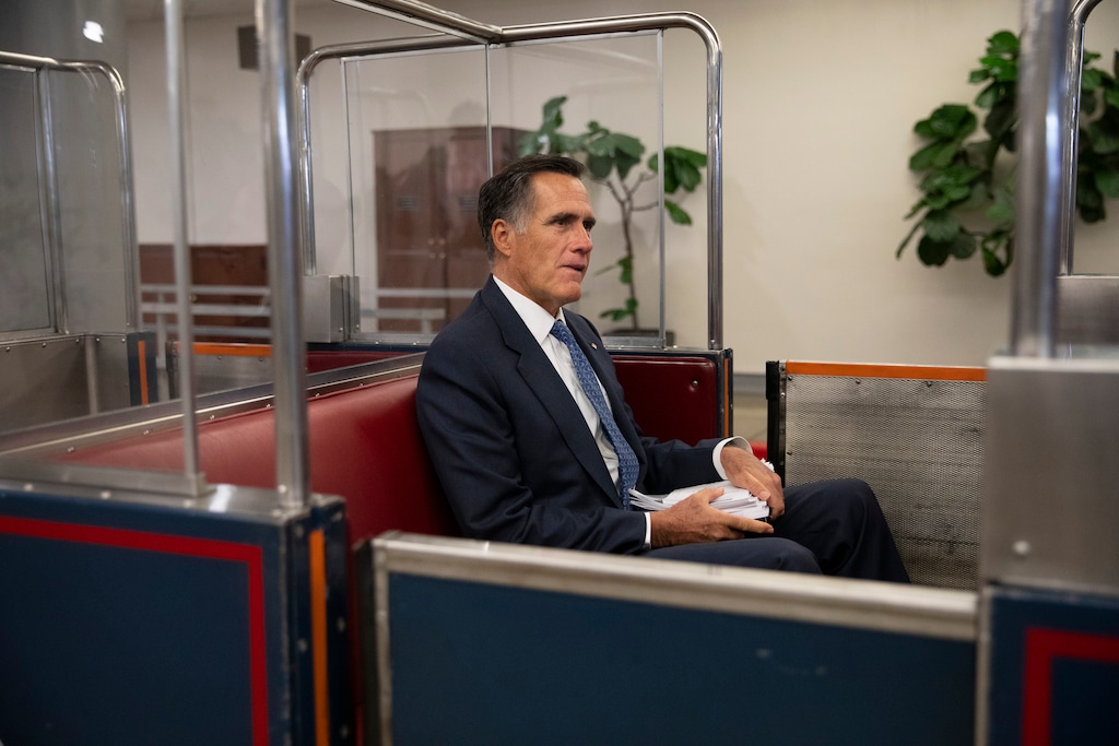 (Calla Kessler | The New York Times) Senator Mitt Romney leaves the Capitol following the evening session of the Senate impeachment trial of President Donald Trump in Washington on Thursday, Jan. 23, 2020.