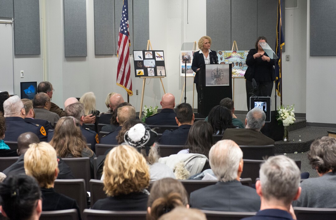 (Rick Egan  |  The Salt Lake Tribune)   Salt Lake City Mayor Jackie Biskupski gives the State of the City address at the Horizonte Instruction and Training Center, Wednesday, January 31, 2018.