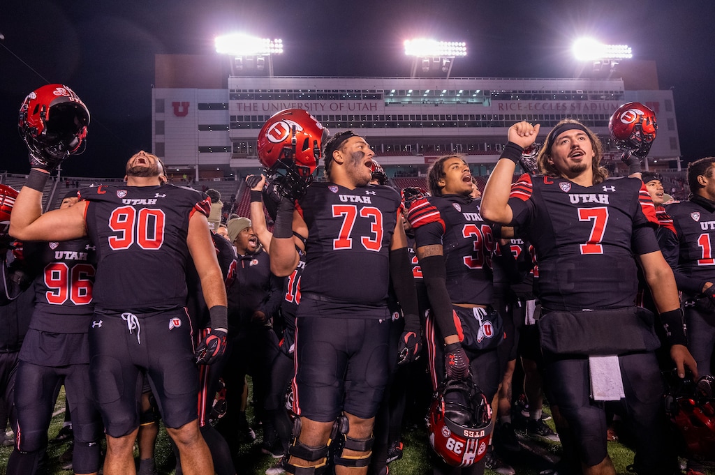 (Rick Egan | The Salt Lake Tribune) The Utah Utes sing the fight song with after the Ute's defeated the Stanford Cardinals, 42-7, in PAC-12 football action at Rice-Eccles Stadium, on Saturday, Nov. 12, 2022.