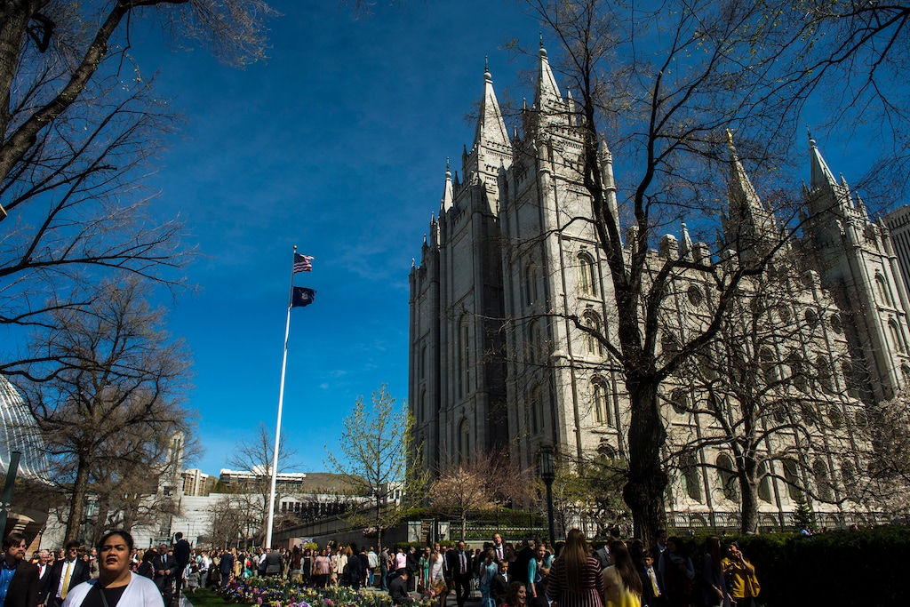 Chris Detrick  |  The Salt Lake TribuneConferencegoers in Temple Square before the afternoon session of the 187th Annual General Conference at the Conference Center in Salt Lake City Saturday, April 1, 2017.  