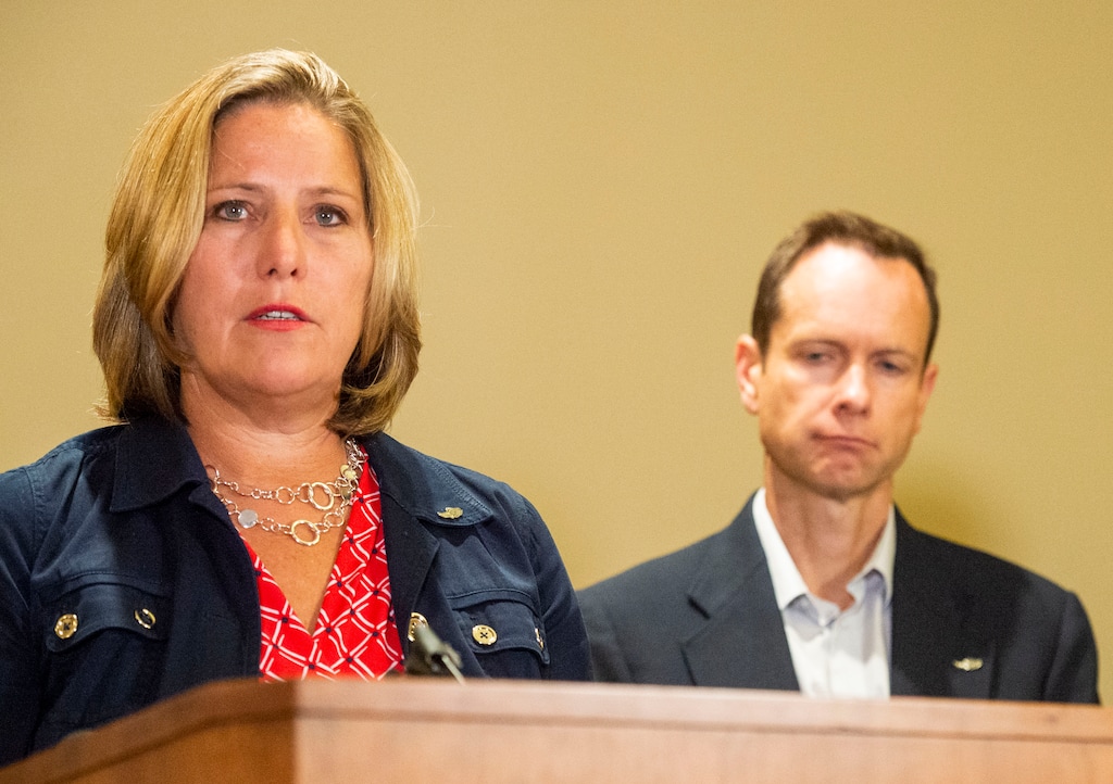 (Rick Egan | The Salt Lake Tribune) Jill, left, and Matt McCluskey speak at a press conference Thursday, June 27, 2019, following the filing of a lawsuit against the University of Utah for $56 million, alleging campus police could have done more to prevent the murder of their daughter Lauren.