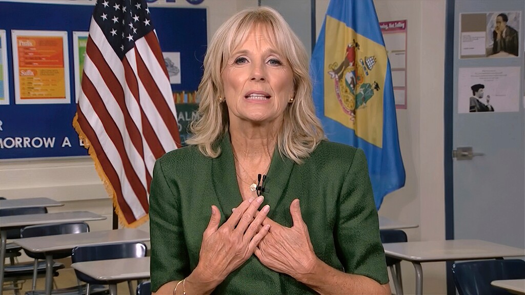 In this image from video, Jill Biden, wife of Democratic presidential candidate former Vice President Joe Biden, speaks during the second night of the Democratic National Convention on Tuesday, Aug. 18, 2020. (Democratic National Convention via AP)