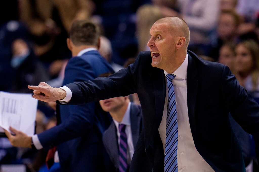 (Trent Nelson  |  The Salt Lake Tribune) BYU coach Mark Pope as BYU hosts San Diego State, NCAA basketball in Provo on Friday, Nov. 12, 2021. Pope wants Alex Barcello to get some more recognition for the stellar start to his season.