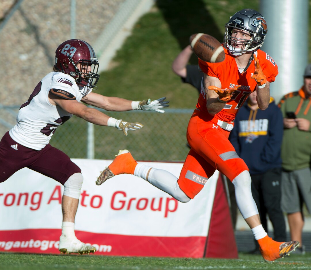 (Rick Egan  |  The Salt Lake Tribune)   Skyridge wide receiver Nathan Upham catches a touchdown pass, in prep 5A playoff action between Jordan High and Skyridge High, in Lehi, Friday, Nov. 2, 2018.