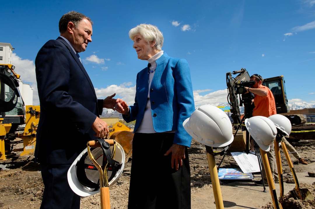 (Trent Nelson  |  The Salt Lake Tribune)  Utah Governor Gary Herbert and Pamela Atkinson at the groundbreaking ceremony for Pamela's Place Apartments in Salt Lake City on Wednesday April 17, 2019. The development, named after Atkinson, a Utah-based humanitarian and advocate for people experiencing homelessness, will serve as a 100-unit permanent supportive housing complex by combining affordable housing assistance with voluntary support services to address the needs of chronically homeless people.