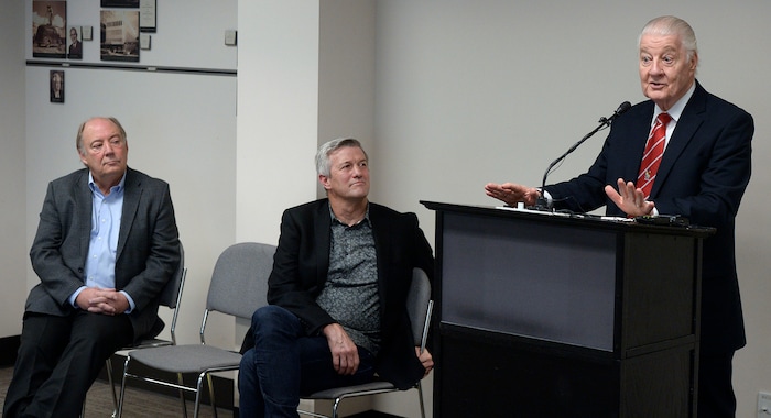 Al Hartmann  |  The Salt Lake Tribune) 	
John H. Groberg, general authority emeritus whose memoirs provided the inspiration for the film "Other side of Heaven," speaks at a press conference in Salt Lake City on Tuesday, Feb. 27 2018 for the announcement of a sequel to the beloved 2001 Mormon missionary drama. Director Mitch Davis, center, announced the filming locations and cast for "The Other Side of Heaven II. " Right is the film's cinematographer, T.C Christensen.