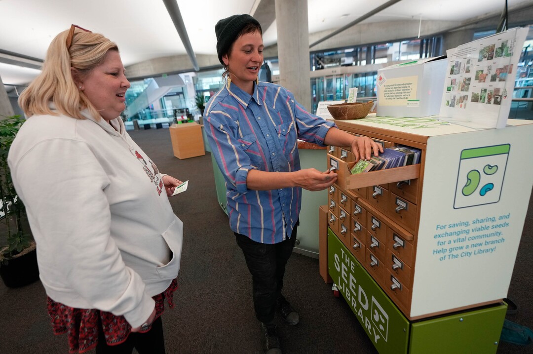 (Francisco Kjolseth | The Salt Lake Tribune) Rikki Longino, center, garden coordinator and seed librarian at the Central Library in Salt Lake City, gives out of state visitor Susie Morissette, a school librarian from Maine, a tour of the offerings held in the seed library on Saturday, April 16, 2022. 
