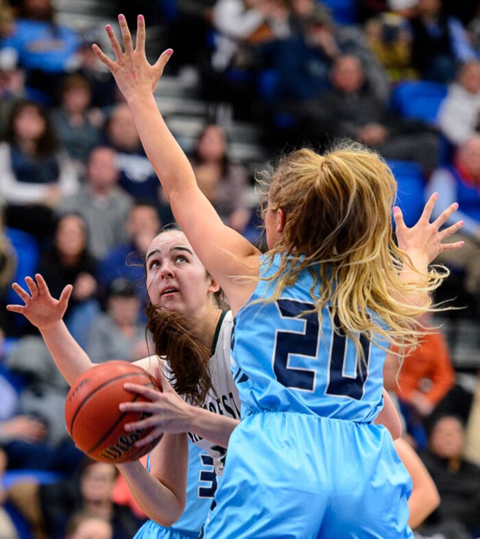 (Trent Nelson | The Salt Lake Tribune)  Hillcrest's Annabella Jensen (31) defended by Westlake's Jillian Vance (20) as Hillcrest faces Westlake in the 6A High School Girls' Basketball Tournament at SLCC in Taylorsville, Thursday Feb. 22, 2018.