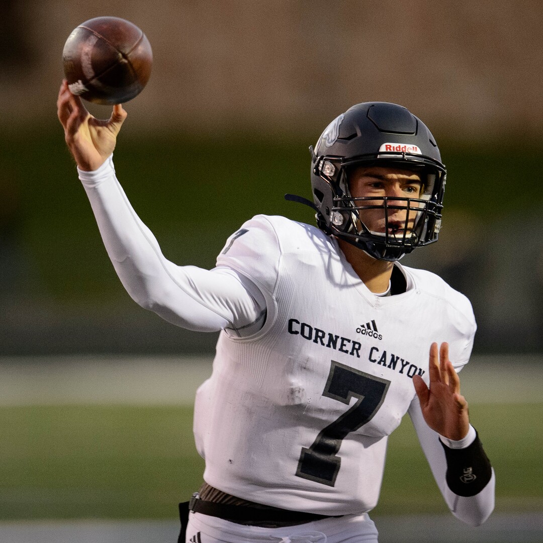 (Trent Nelson  |  The Salt Lake Tribune) 
Corner Canyon quarterback Cole Hagen High School in action against Westlake High School in Saratoga Springs on Friday, Oct. 4, 2019.