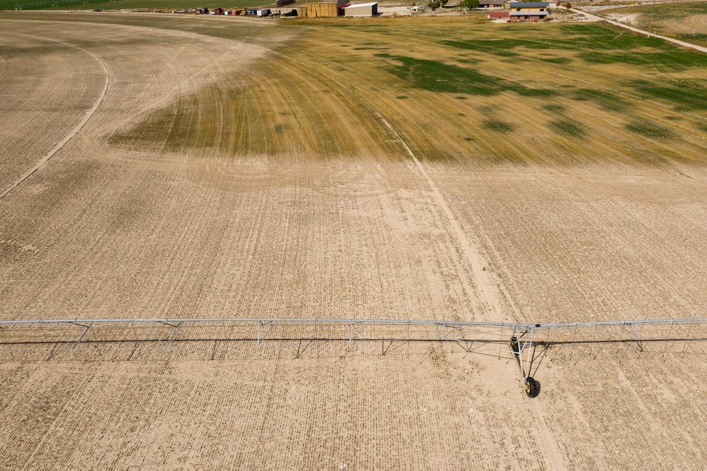 (Trent Nelson  |  The Salt Lake Tribune) A pivot in an alfalfa field left dry due to drought conditions in Centerfield on Monday, Oct. 4, 2021.