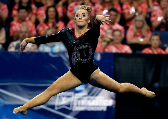 Utah's MyKayla Skinner competes on the floor exercise during the NCAA college women's gymnastics championships, Saturday, April 15, 2017, in St. Louis. (AP Photo/Jeff Roberson)