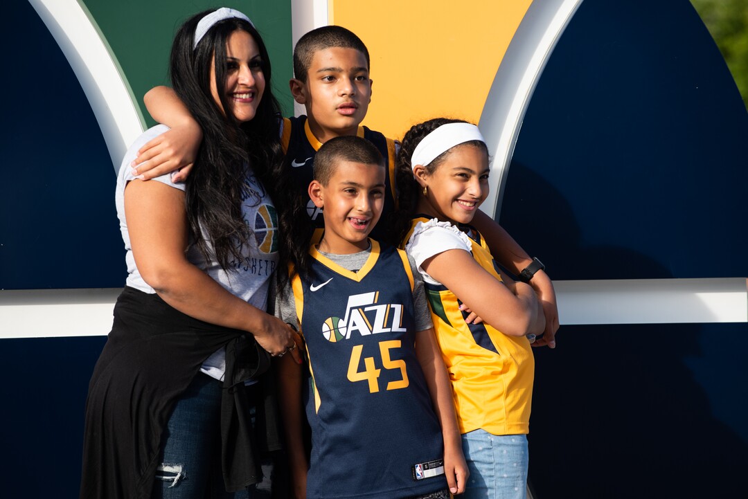 (Briana Scroggins | Special to The Tribune) Mariyanne Rofaiel poses with her three children, Michael, 13, Matthew, 8, and Victoria, 10, outside of Vivint Smart Home Arena before the Jazz play the Memphis Grizzlies in Salt Lake City on Wednesday, May 26, 2021.