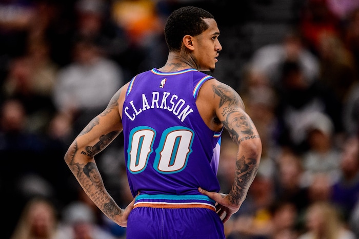 (Trent Nelson  |  The Salt Lake Tribune) Utah Jazz guard Jordan Clarkson as the Utah Jazz host the Portland Trail Blazers, NBA basketball in Salt Lake City on Thursday, Dec. 26, 2019.