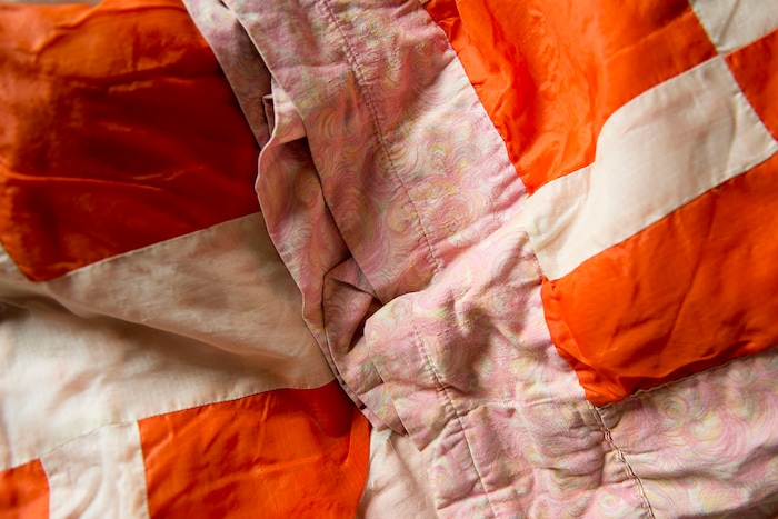 (Jeremy Harmon | The Salt Lake Tribune) A quilt made out of parachute silk by Sarah Winder of Springdale is seen at the Fort Douglas Military Museum on Feb. 6, 2019. Items like it were made after World War II in part because service members like Winder's son, Eliel Crawford Winder, brought parachutes home from overseas.