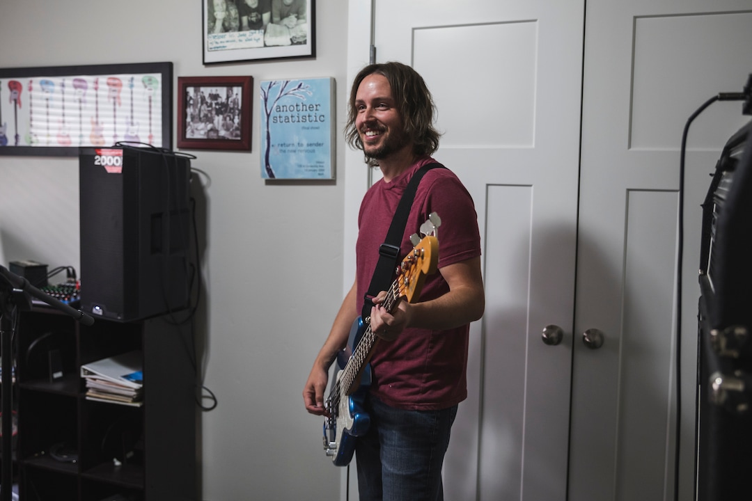 (Clark Clifford  |  For The Salt Lake Tribune) Chris Bennett of Noble Bodies practices for an upcoming show in the band's rehearsal space in Orem on Saturday, Aug. 3, 2019.