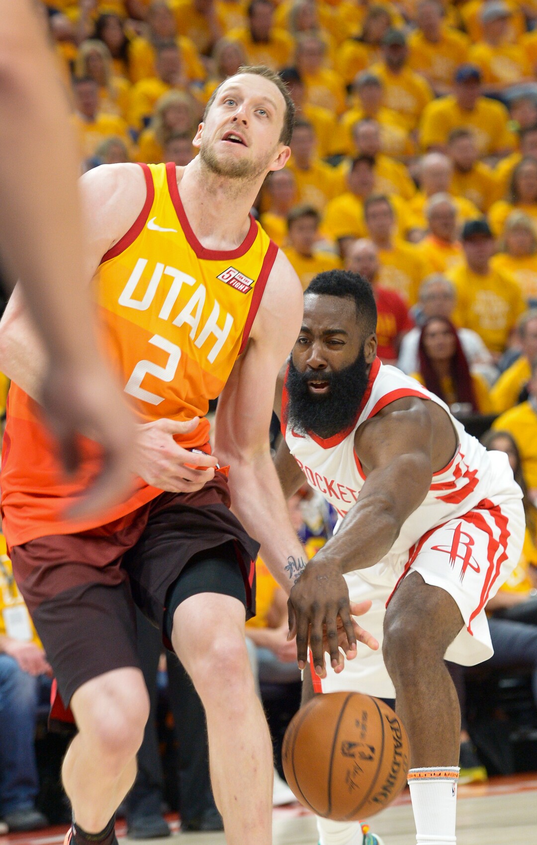 (Leah Hogsten  |  The Salt Lake Tribune) Houston Rockets guard James Harden (13) knocks the ball from Utah Jazz forward Joe Ingles (2) as the Utah Jazz take on the Houston Rockets in Game 3 of an NBA basketball second-round playoff series Friday, May 4, 2018 in Salt Lake City.