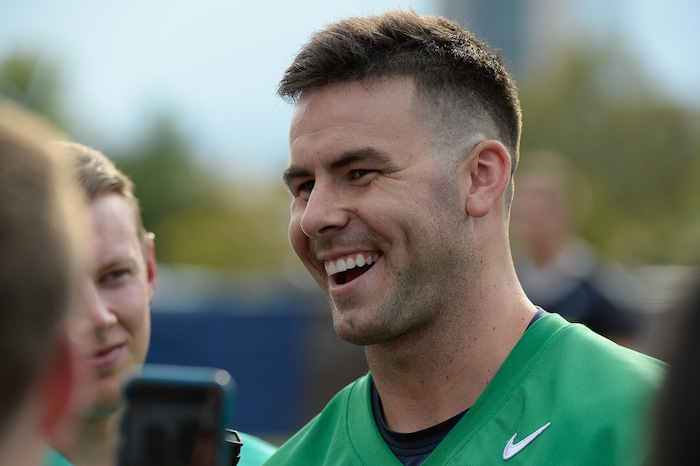 (Francisco Kjolseth  |  The Salt Lake Tribune)  BYU quarterback Tanner Mangum speaks with the press following preseason training camp on their practice field on Thursday, Aug. 2, 2018.