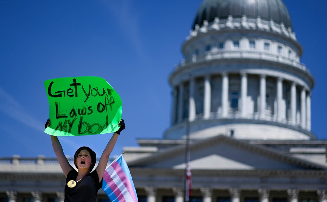 (Francisco Kjolseth | The Salt Lake Tribune) Protesters gather at the Utah Capitol for a “Bans Off Our Beehive” rally in support of abortion rights on Saturday, May 14, 2022.