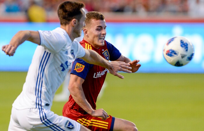 Leah Hogsten | The Salt Lake Tribune Real Salt Lake forward Brooks Lennon (12) battles San Jose Earthquakes defender Francois Affolter (3) as Real Salt Lake hosts the San Jose Earthquakes at Rio Tinto Stadium in Sandy, Utah, Saturday, June 23, 2018.