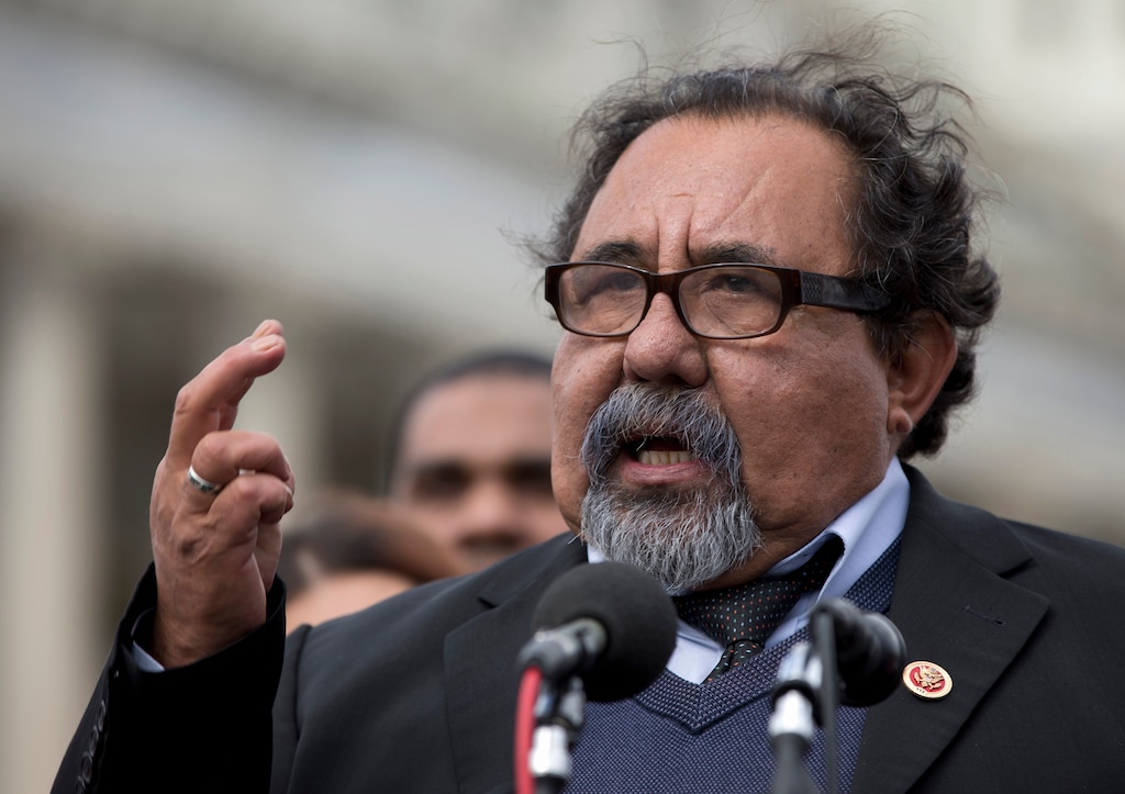 FILE - In this Feb. 27, 2013 file photo, Rep. Raul Grijalva, D-Ariz. gestures as he speaks during a news conference on Capitol Hill in Washington. Determined to secure support for the Iran nuclear deal, President Barack Obama is making inroads with a tough constituency _ his fellow Democrats in Congress. Grijalva said the administrations robust selling of the deal strengthens the Democratic stance on Capitol Hill. "We dont need to be an island right now," said Grijalva, who has pledged to support it.(AP Photo/Carolyn Kaster, File)
