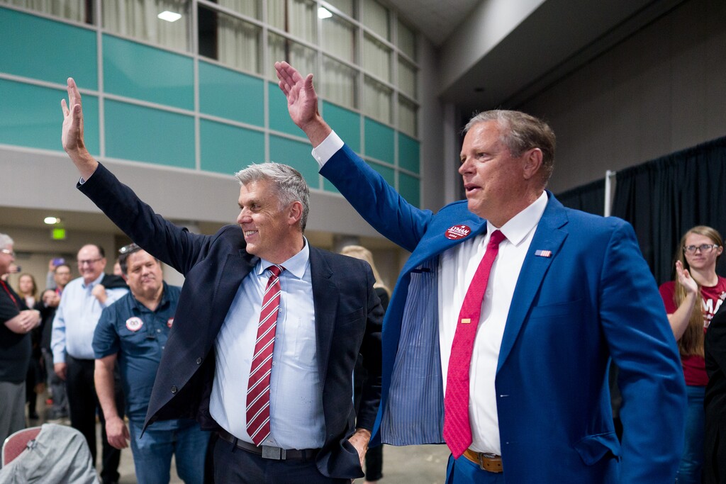 (Trent Nelson  |  The Salt Lake Tribune) Phil Lyman and Layne Bangerter celebrate at the Utah Republican Nominating Convention in Salt Lake City on Saturday, April 27, 2024. Utah's top elections officer ruled Bangerter is inelligable to run for election in Utah.