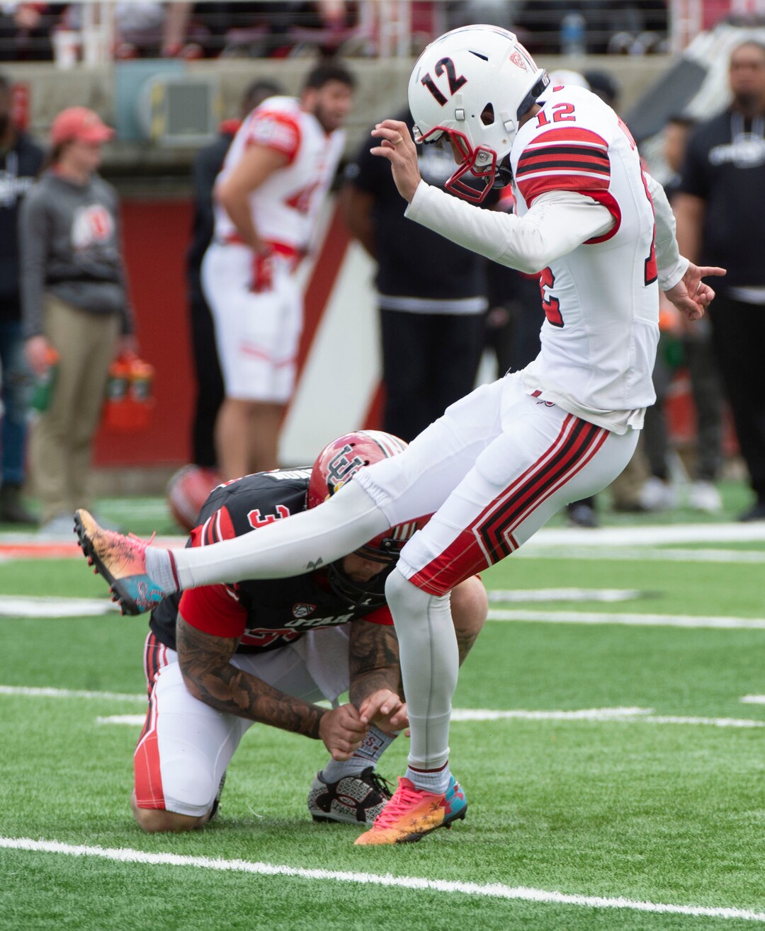(Rick Egan  |  The Salt Lake Tribune)  Place kicker Chayden Johnston attempts a field goal, in Utah's spring Red-White game at Rice-Eccles Stadium, Saturday, April 13, 2019.