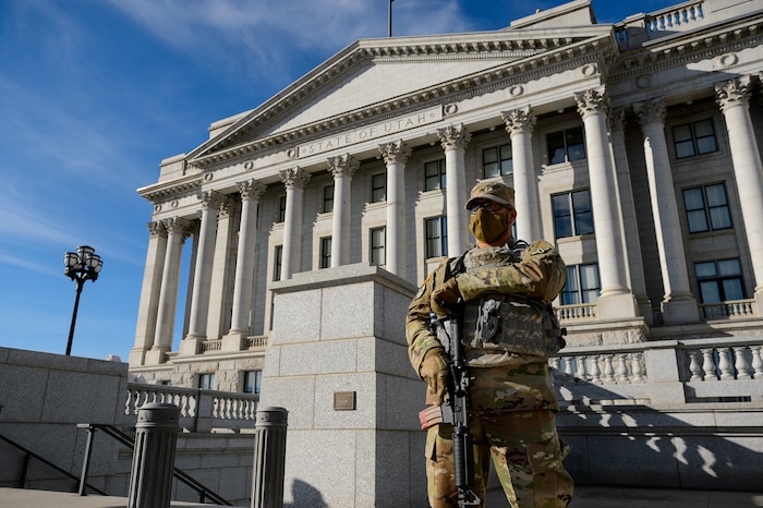 (Trent Nelson | The Salt Lake Tribune) National Guard troops at the state Capitol in Salt Lake City on Sunday, Jan. 17, 2021.