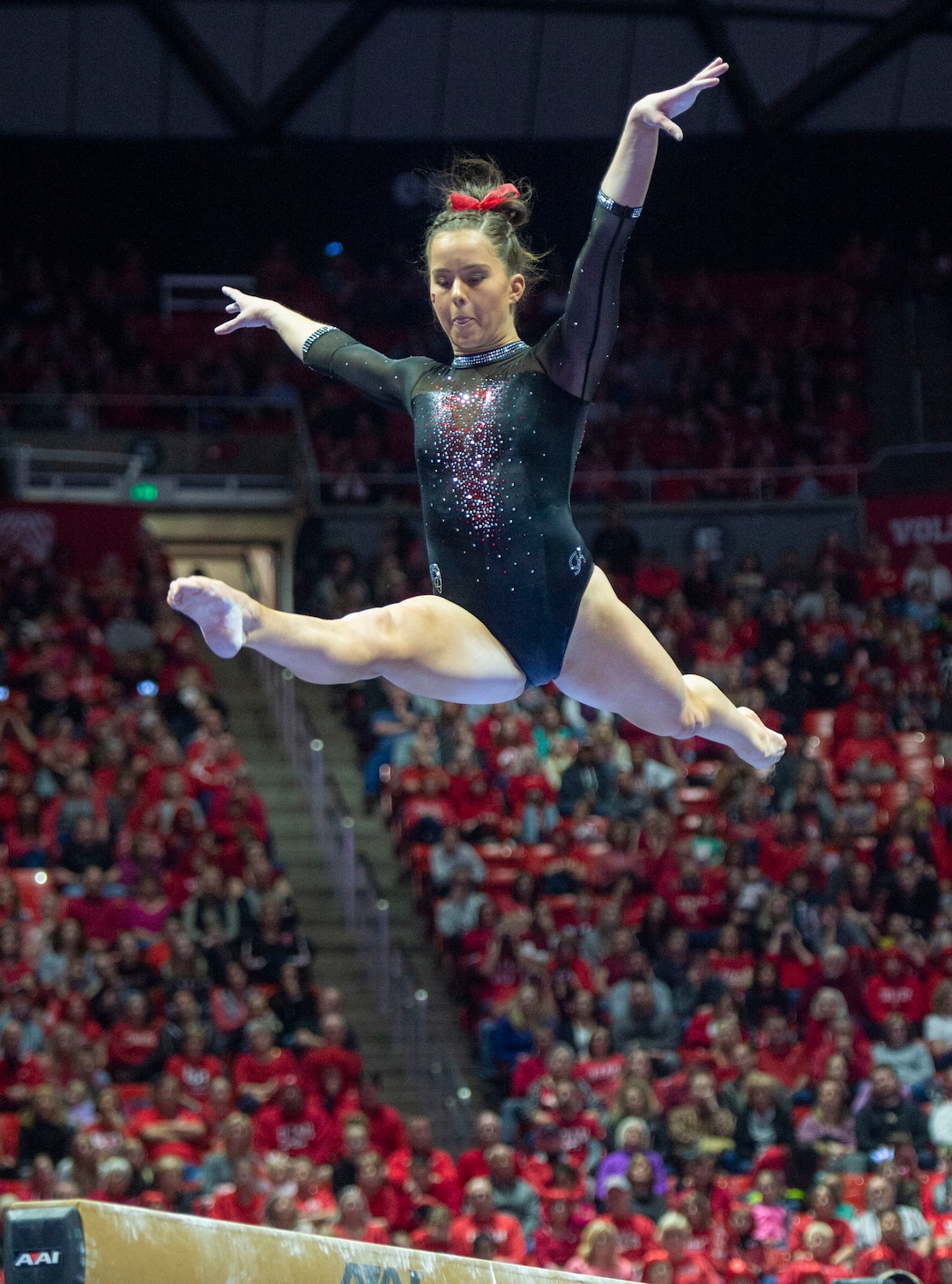 (Rick Egan  |  The Salt Lake Tribune)   Adrienne Randall competes on the beam for Utah, in PAC-12 gymnastics action between the UCLA Bruins and the University of Utah, at the Jon M. Huntsman Center, Saturday, Feb. 23, 2019.