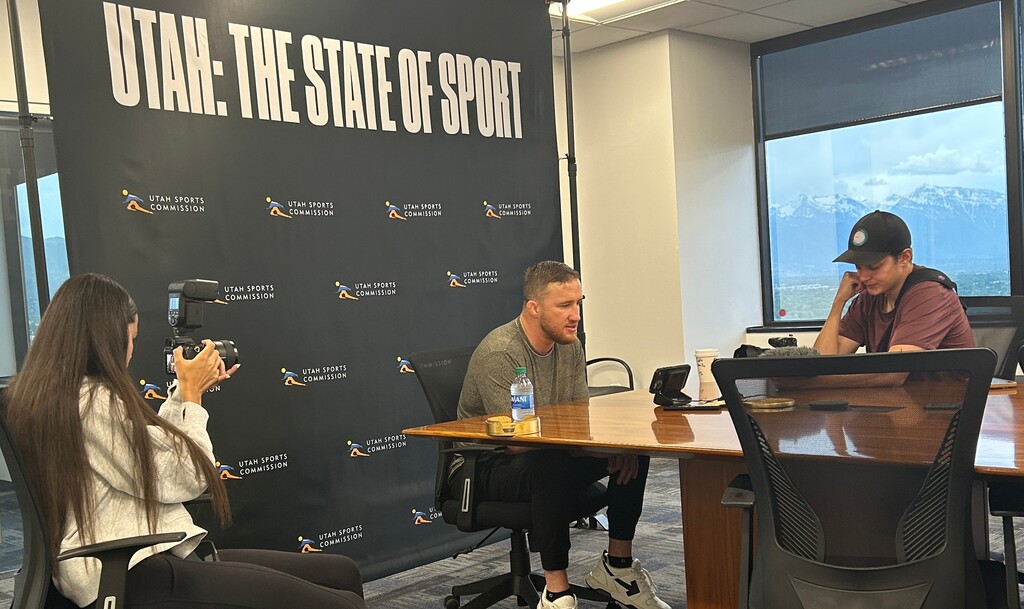 (Eric Walden  |  The Salt Lake Tribune) UFC lightweight fighter Justin Gaethje does a split-screen interview with opponent Dustin Poirier from the offices of the Utah Sports Commission in Salt Lake City. Those two will main event the UFC 291 pay-per-view set to take place at the Delta Center on July 29, 2023.