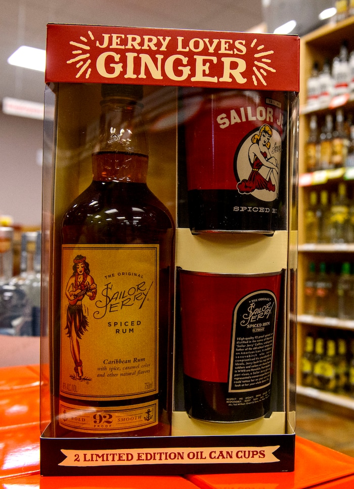 (Steve Griffin  |  The Salt Lake Tribune)  The Sailor Jerry rum with oil can cups gift set at the Utah State Liquor Store in West Valley City.