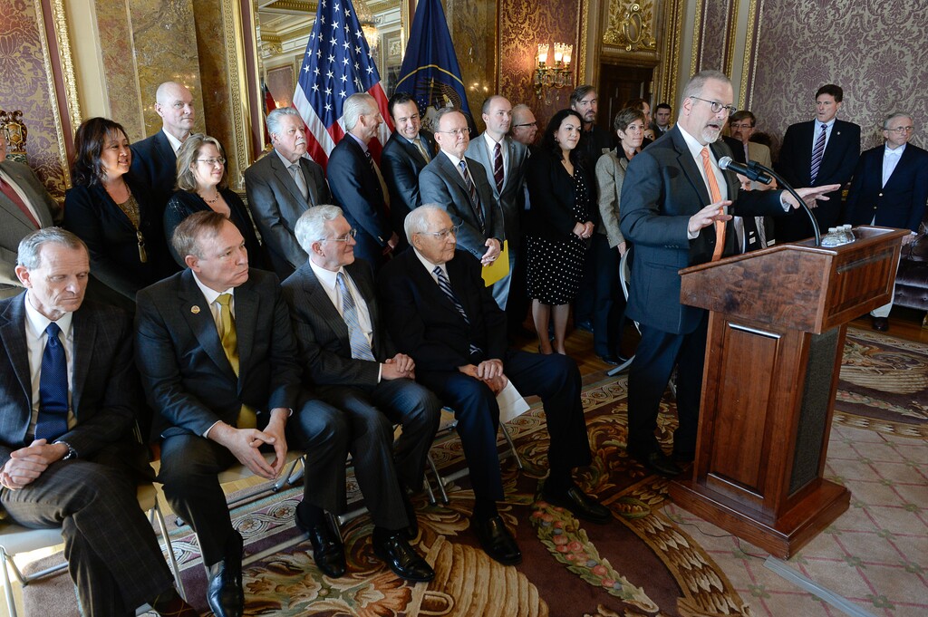 Francisco Kjolseth  |  The Salt Lake Tribune Senator Stephen Urquhart, R-St. George, is joined by senators, representatives, LDS leaders, and members of the LGBT community as he discusses the fine points of the nondiscrimination bill SB256, during a press announcement at the Utah Captiol. 