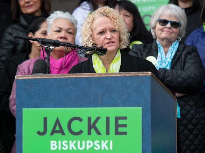 (Rick Egan  |  The Salt Lake Tribune)     Salt Lake City Mayor Jackie Biskupski she launches her re-election campaign as she seeks a second term as supporters gather on the east steps of the City Building, Saturday, Feb. 9, 2019.


