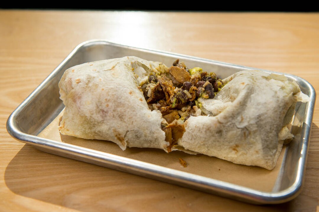 (Trent Nelson | The Salt Lake Tribune)  The Sin Carne Burrito at Boltcutter, a new vegan/vegetarian restaurant in Salt Lake City, Friday Feb. 16, 2018.
