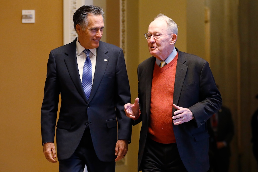 (Steve Helber | AP) Sen. Mitt Romney, R-Utah, left, and Sen. Lamar Alexander, R-Tenn., return to the Senate chamber after a meeting in the Majority Leaders office during a break in the impeachment trial of President Donald Trump at the U.S. Capitol Friday Jan 31, 2020, in Washington.
